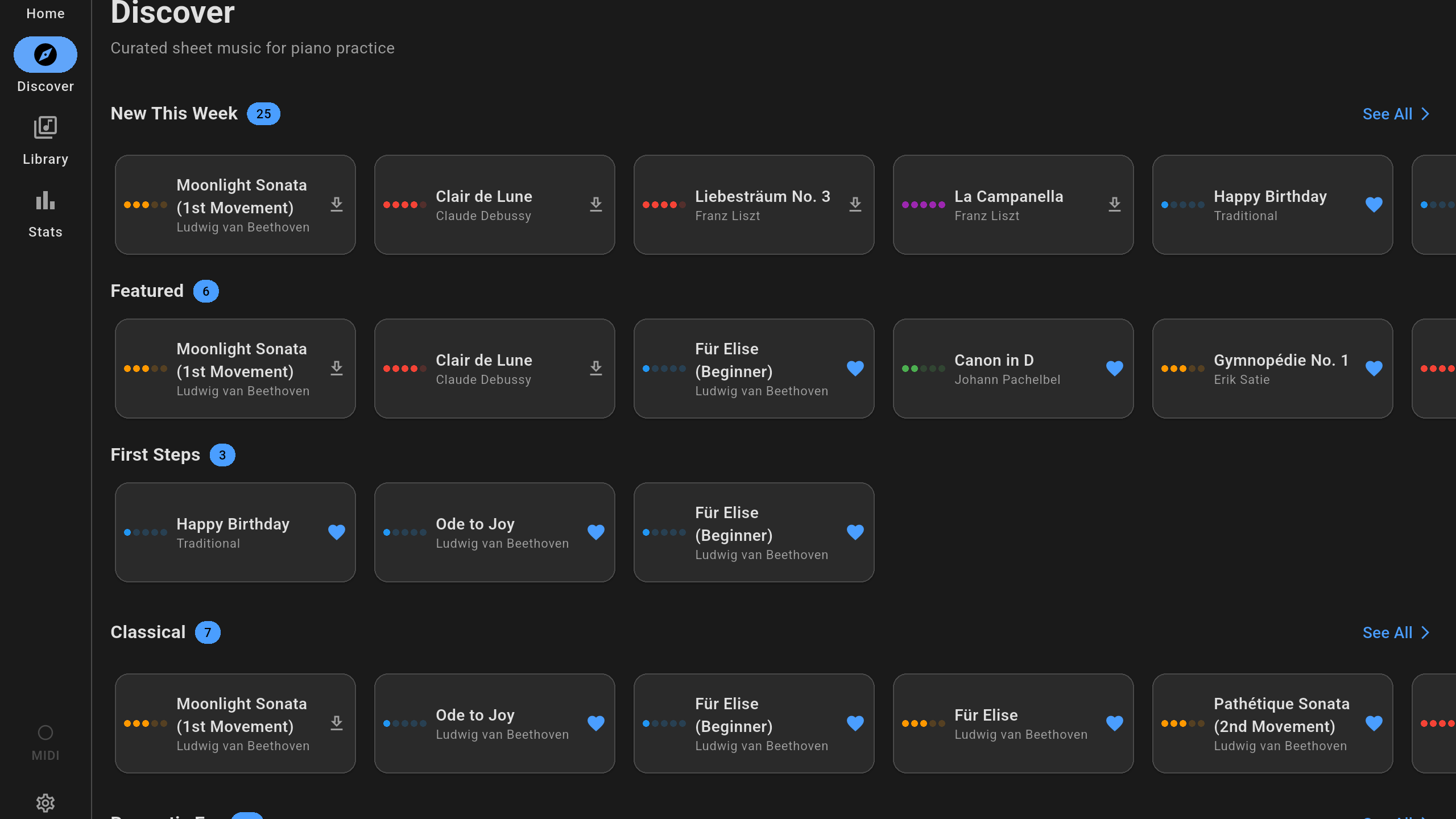 Discover page with curated sheet music library